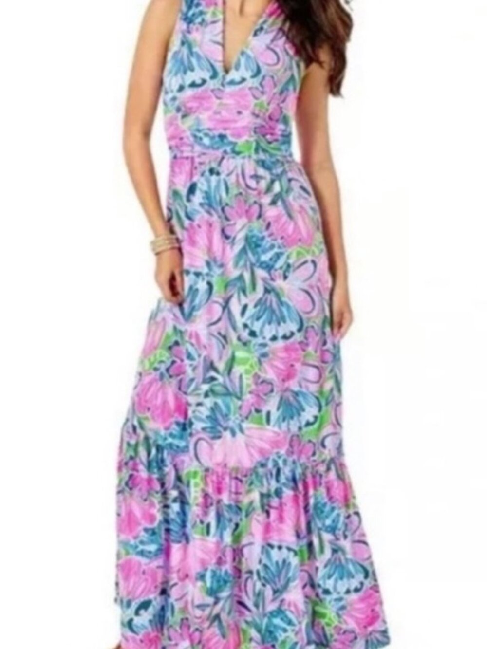 Lilly Pulitzer Women's Sleeveless Pearce Floral Tiered V-Neck Maxi Dress, Size L